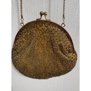 50’s‎ LaRegale LTD Metallic Gold Beaded Kiss Lock Closure Chain Strap Clutch